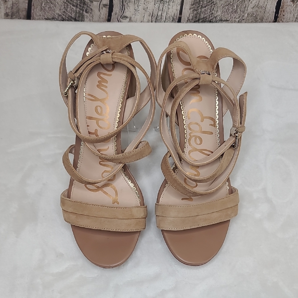 Sam Edelman Sammy Suede Leather Strappy Open Toe Block Heel Sandal Gold Caramel